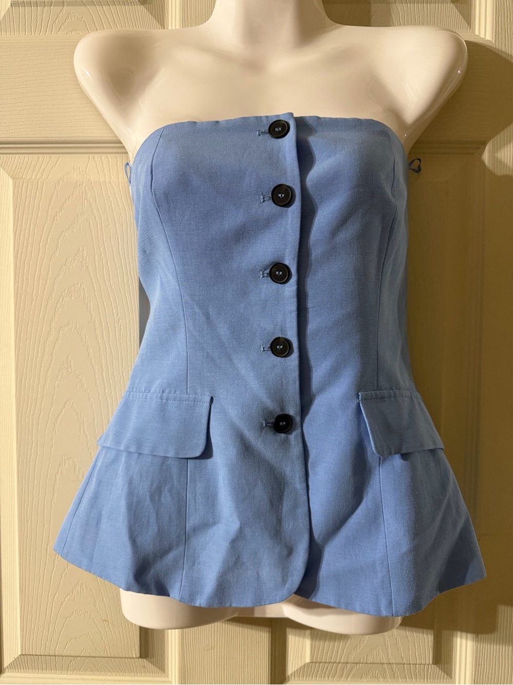 Zara Sky Blue Strapless Button-Front Peplum Top